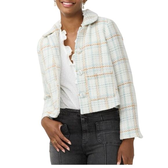 LC Lauren Conrad Jackets & Blazers - LC Lauren Conrad Tweed Blue White Rust Crop Jacket Blazer Size Large
